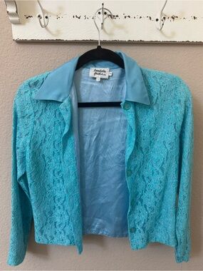 Bambola Fritta Italy Vintage Turquoise Blue Lace Button Up Jacket Crop Top 12